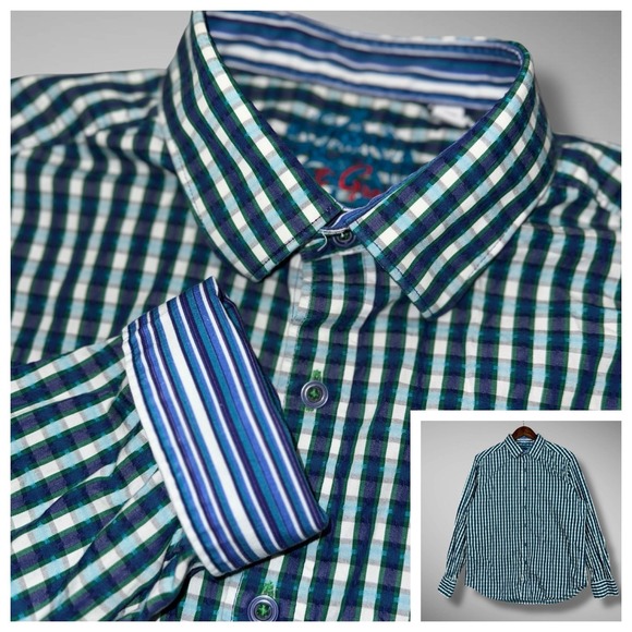 Robert Graham Shirt Mens L Green Blue Checkered Plaid Classic Fit Flip Cuff - Picture 1 of 12